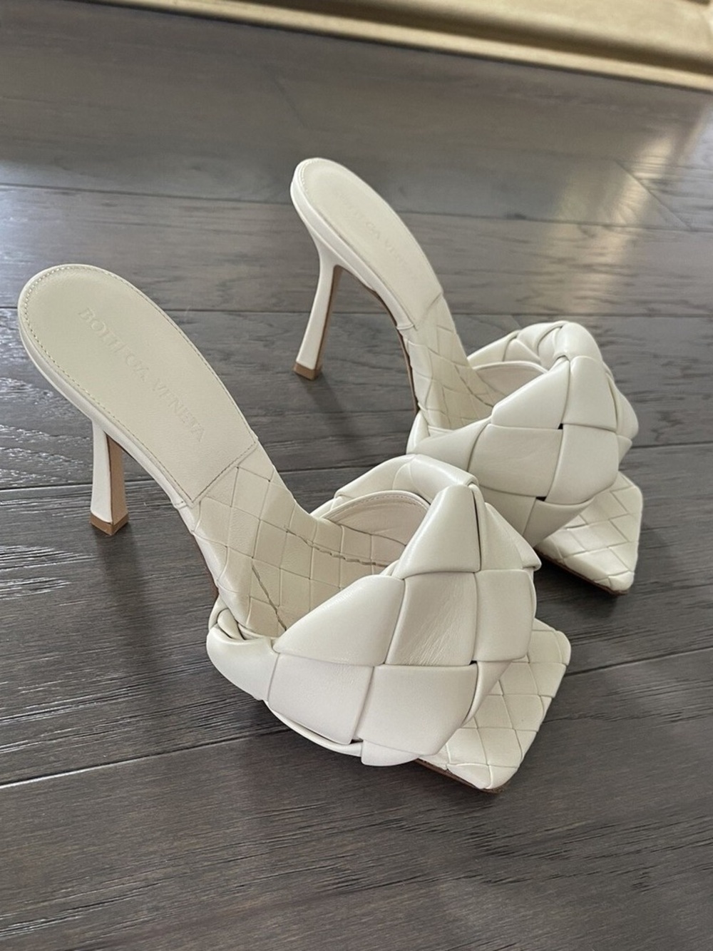 Bottega Veneta Ivory Padded Leather Woven High Heel Mules